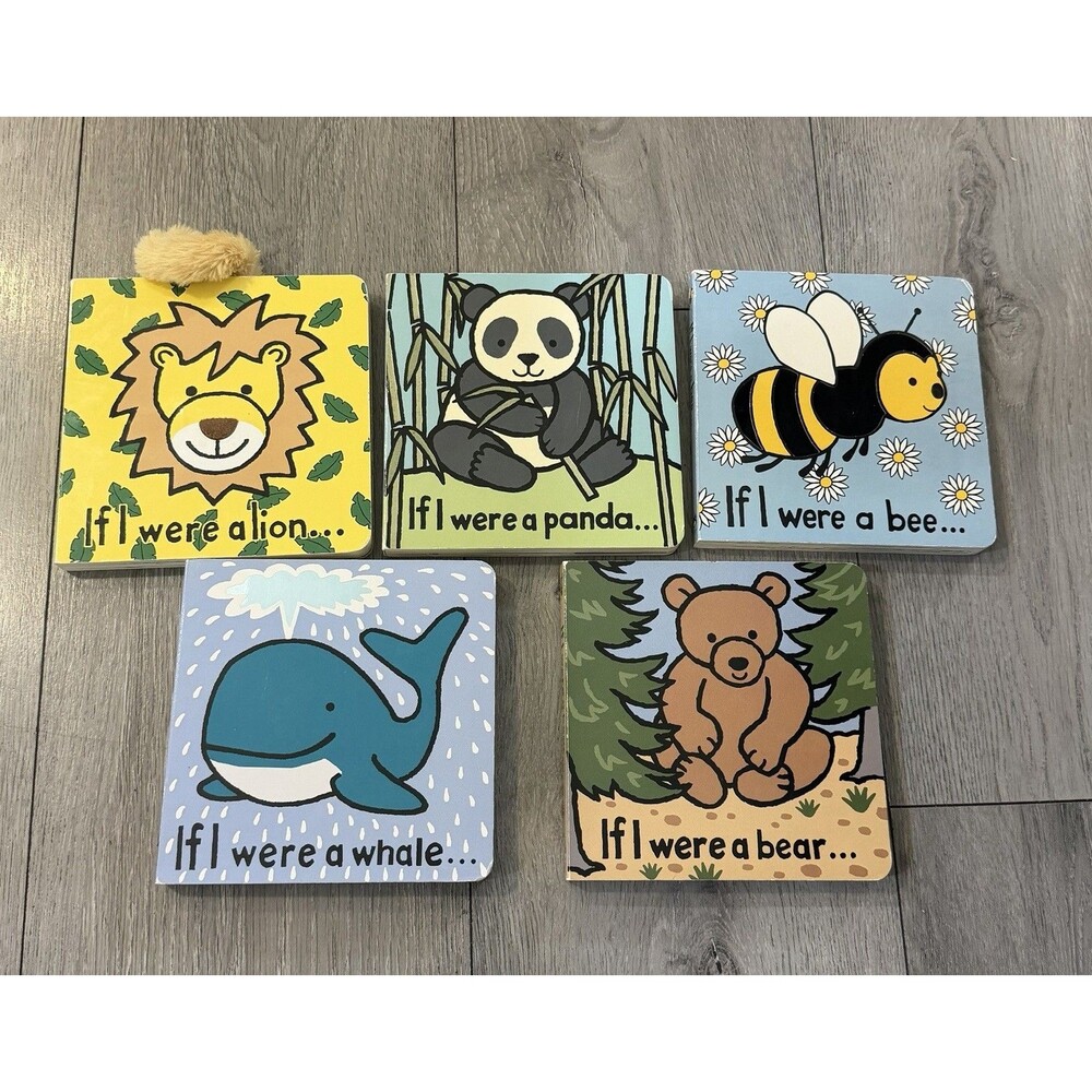 Jellycat If I Were Board Books Lot of 5 Lion Panda Bee Whale Bear Touch & Feel